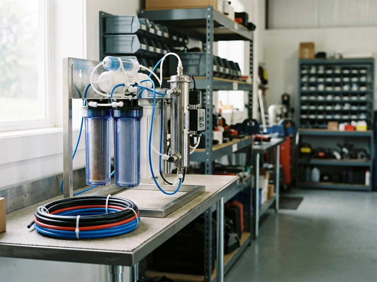 Water filtration equipment and treatment systems displayed in a professional service setting, showcasing UV light and RO system components.