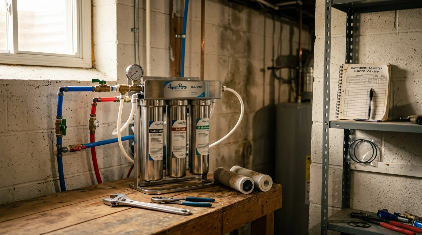 Technician performing maintenance on a water filtration system