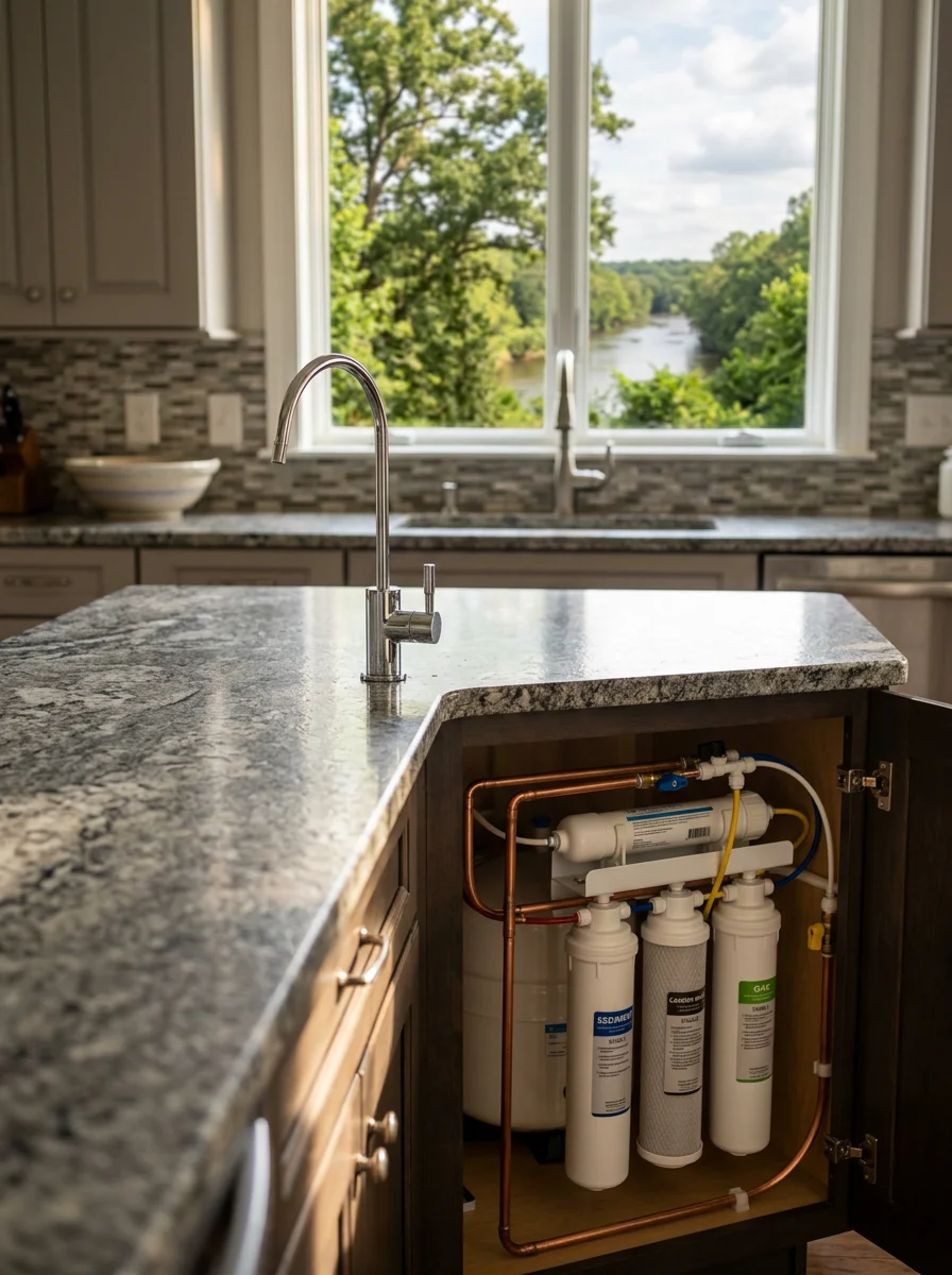 A reverse osmosis system mounted under a kitchen sink in a Charlotte home, with a slim RO faucet installed through the countertop and the Catawba River watershed visible through the window.