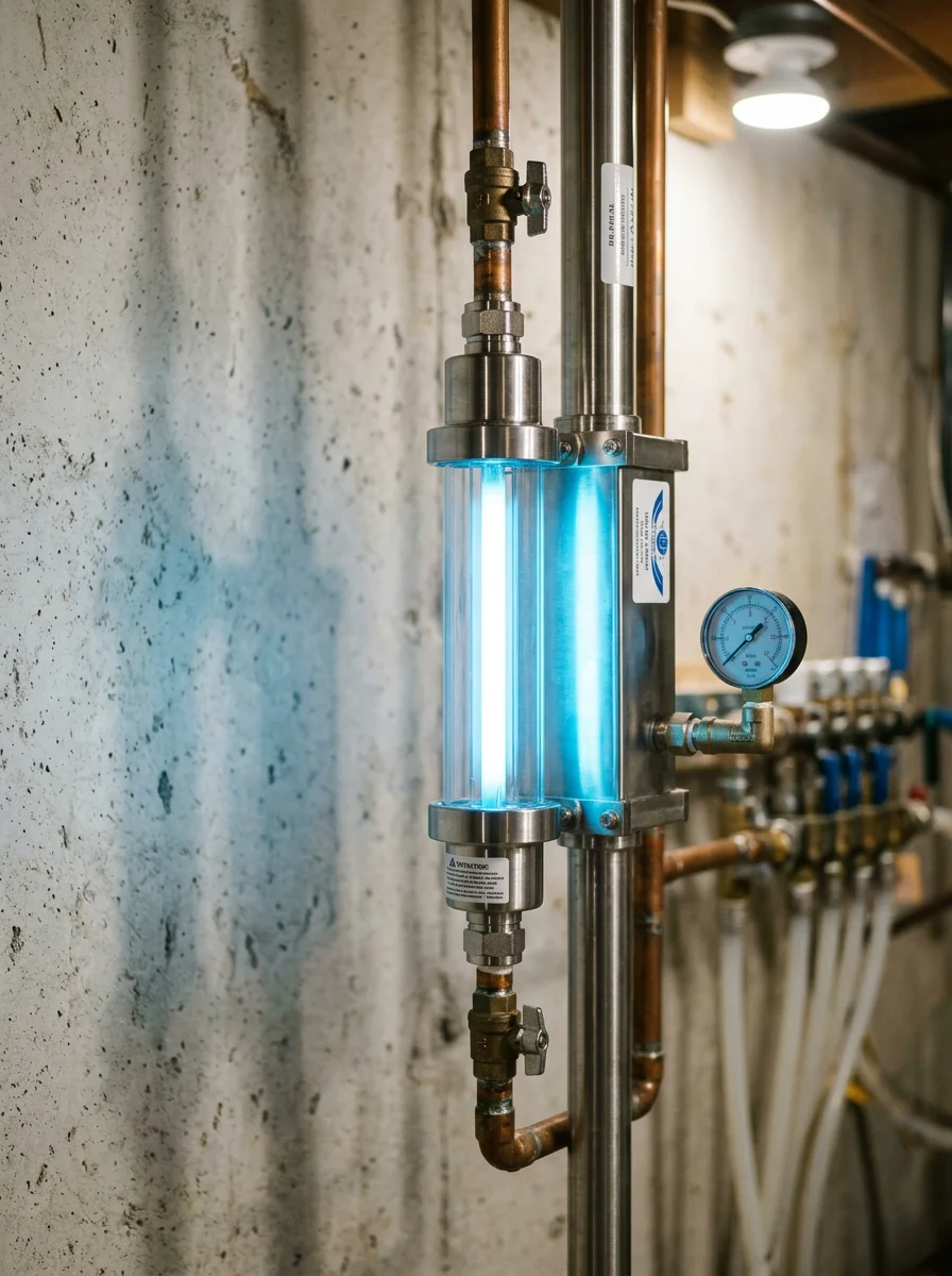 Close-up of a UV light water treatment unit mounted on a well water supply line in a Rockingham County home, with the blue UV lamp glowing inside the stainless steel chamber.