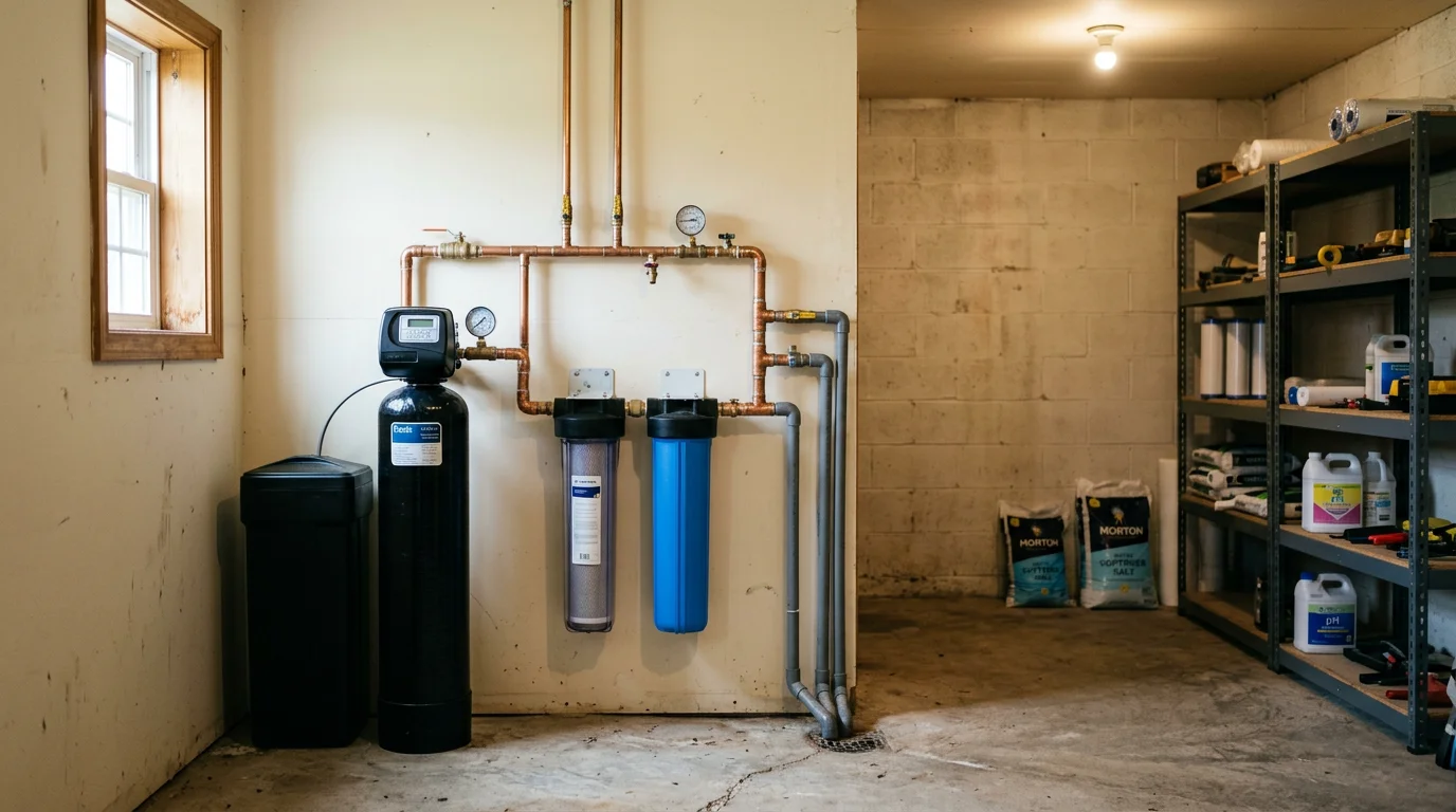 A whole house water filtration and softening system installed in the utility room of a rural Shenandoah Valley home, with copper supply lines and a sediment pre-filter visible.