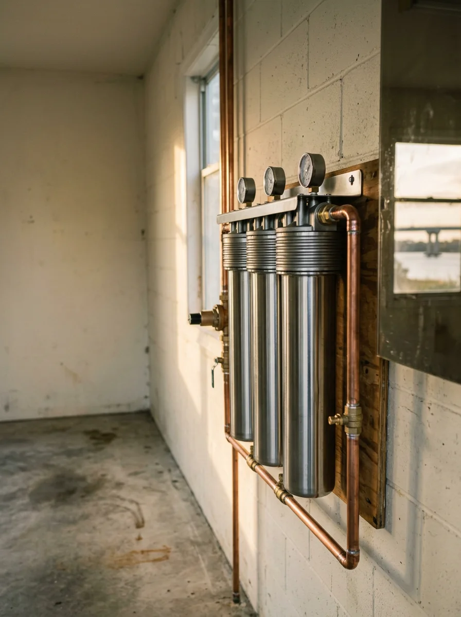 A whole house carbon filtration system installed in the garage of a coastal Wilmington home, with the Cape Fear River visible through a window in the background.