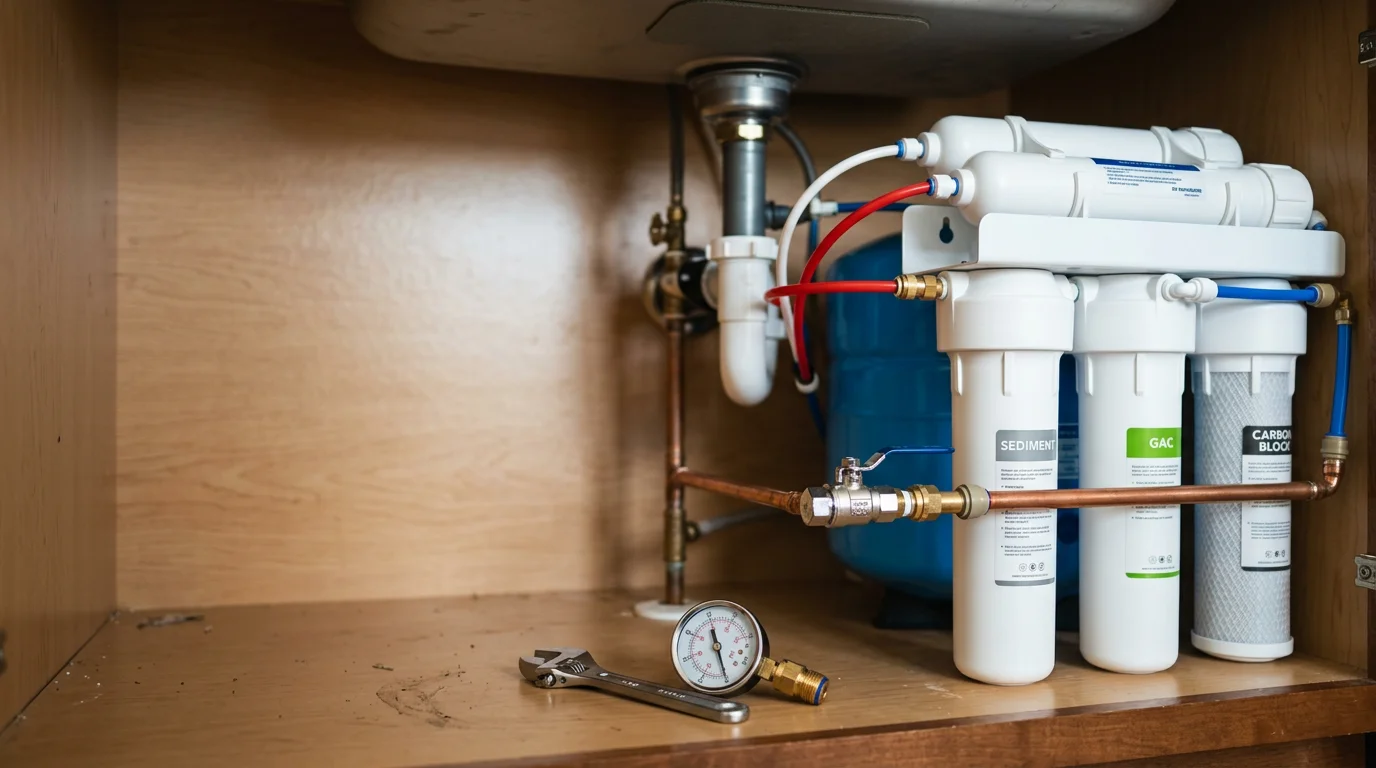 A reverse osmosis filtration unit installed under a kitchen sink in a Harrisonburg, VA home, with a dedicated chrome drinking water faucet mounted on the countertop above.