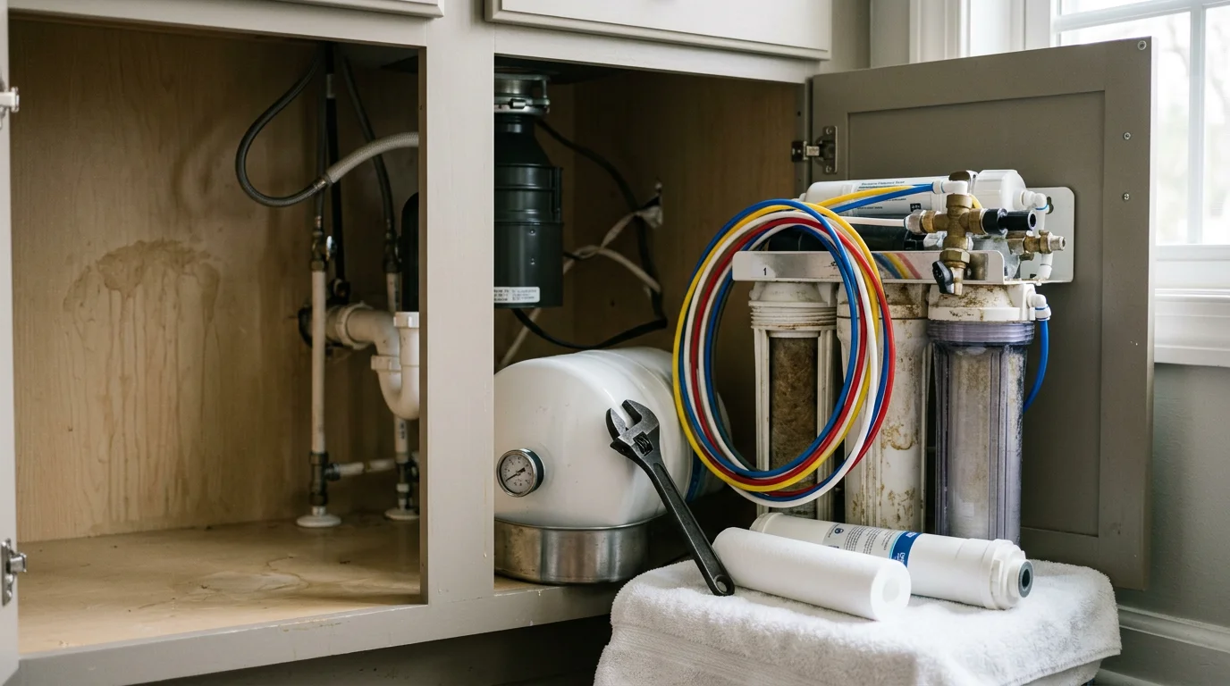 A technician inspecting the components of an under-sink reverse osmosis system in a Harrisonburg, VA home kitchen. The storage tank, filter housings, and tubing connections are visible during a repair assessment.