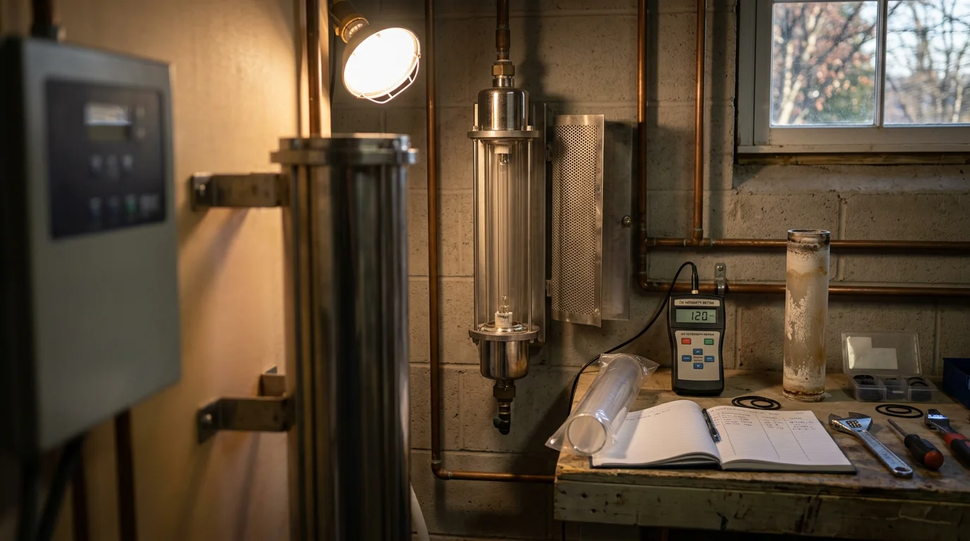 A water purification technician inspecting a UV lamp and quartz sleeve inside a residential UV system in a Harrisonburg, VA home. The system is mounted on a utility wall next to water supply lines.
