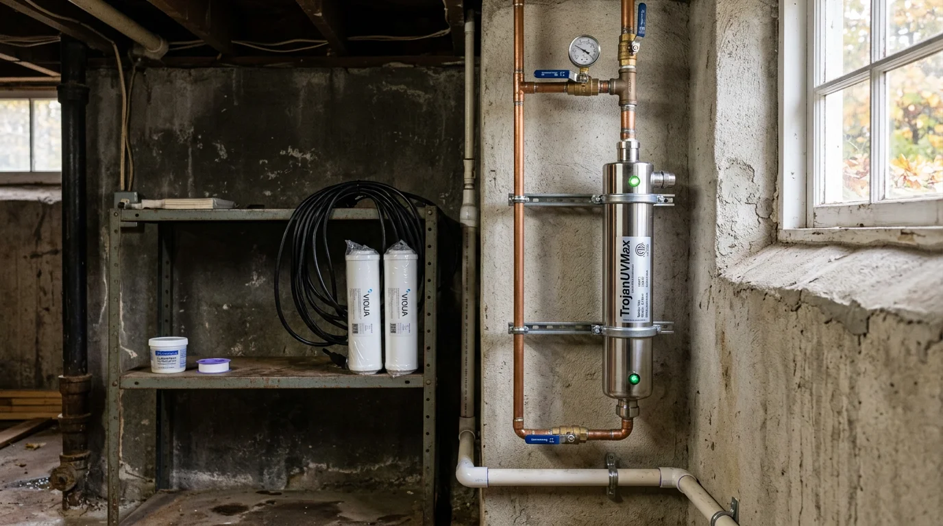 A UV water purification system installed on a residential water line inside a home in Harrisonburg, Virginia. The stainless steel UV chamber connects to the main water supply line, treating all water entering the house before it reaches any tap.