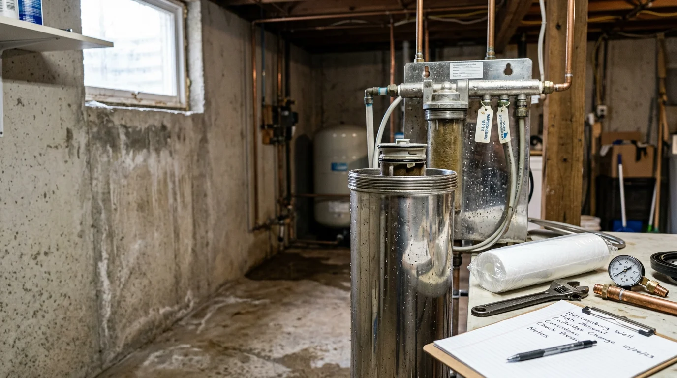 A water filtration system mounted under a kitchen sink in a Harrisonburg, Virginia home, with a technician inspecting the filter housing and connections. The system shows clear tubing and a freshly serviced cartridge housing after a repair visit.