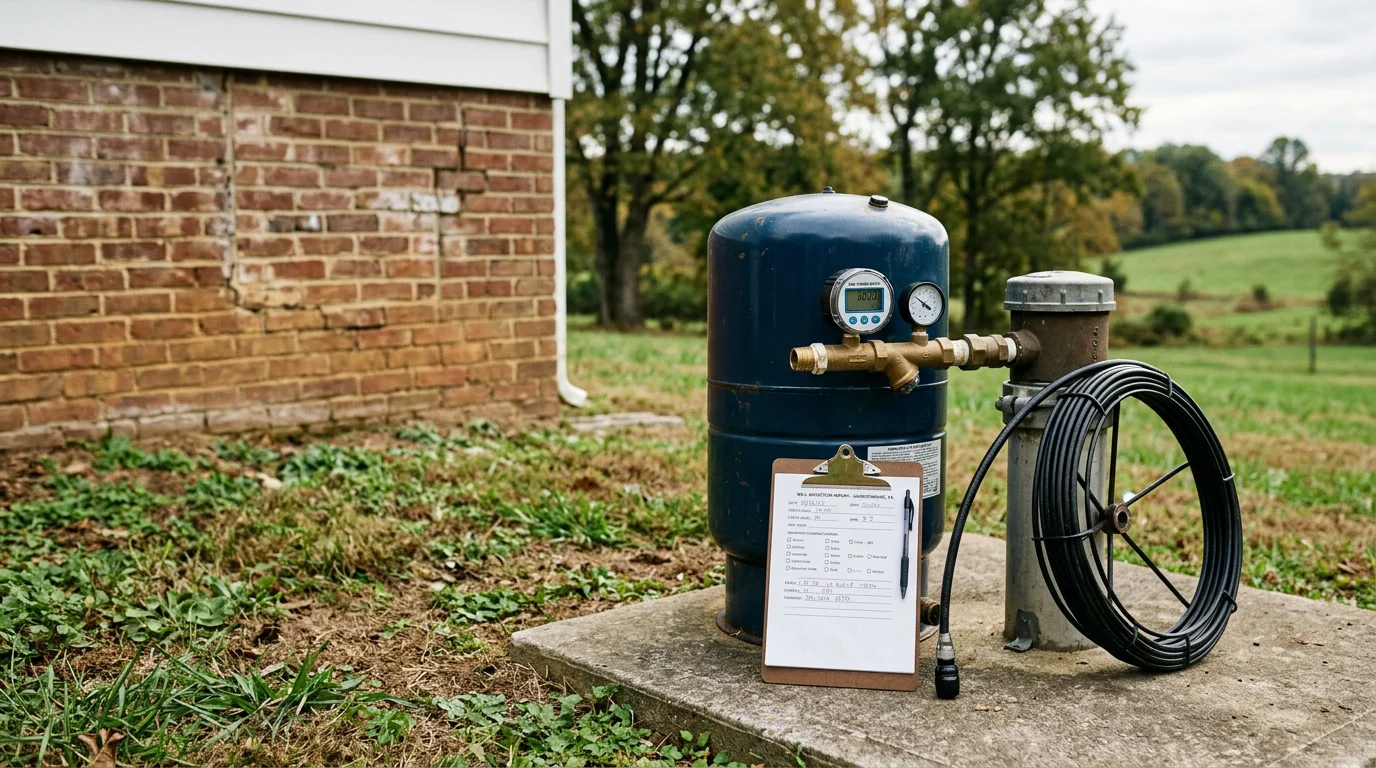 A water system professional inspecting a residential wellhead and pressure tank on a rural property near Harrisonburg, Virginia. The technician examines visible components of the well casing and pump system during a routine water system inspection.