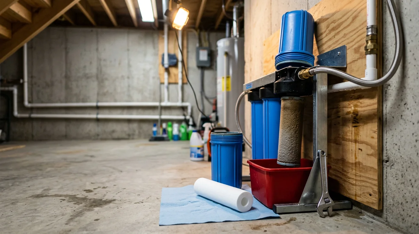 A Tru Water technician replacing a sediment filter cartridge inside a whole-home filtration housing in a Harrisonburg, VA residential utility room. Fresh filter media sits beside the open housing on a clean work surface.