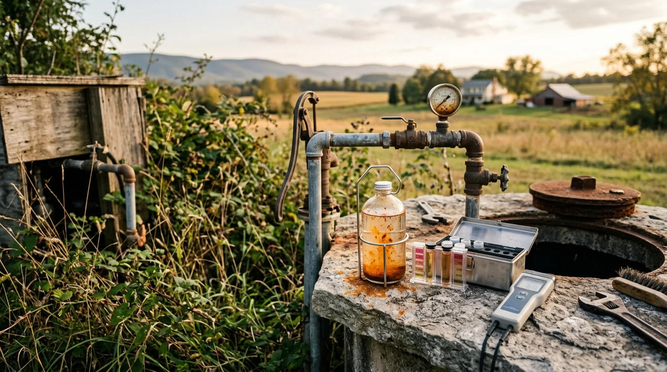 A clear glass of well water held up in a rural Harrisonburg, Virginia kitchen, with a whole-house water treatment system visible in the background. The image shows the result of well water treatment addressing iron, hardness, and sediment common in Shenandoah Valley groundwater.