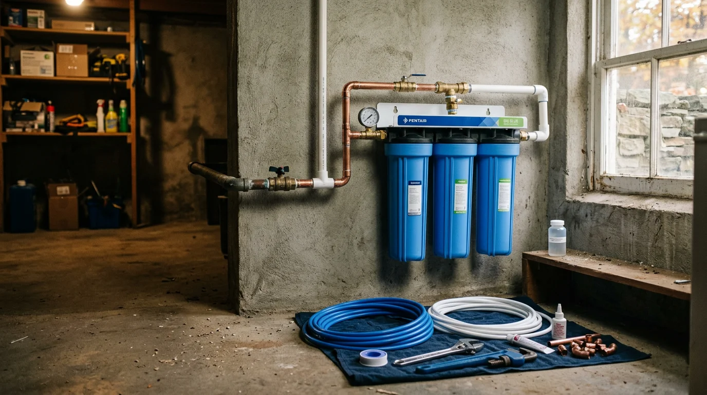A whole house water filtration system installed on the main supply line inside a residential utility room in Harrisonburg, VA. The system shows filter housings connected to copper supply piping with shutoff valves on each side.